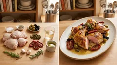 Pollo in padella alla mediterranea: olive, capperi e pomodori secchi (senza forno)